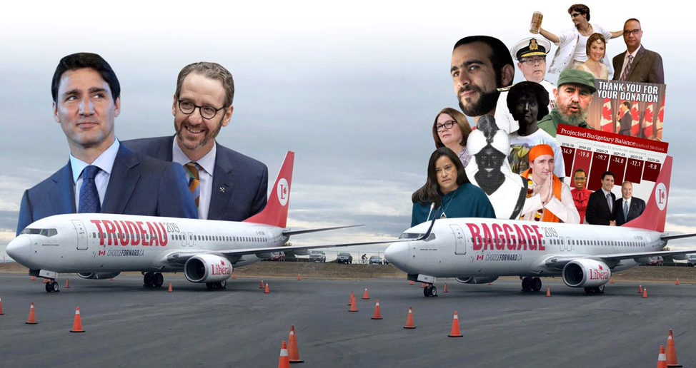 Two airplanes on a runway. The one on the left is labelled "Trudeau", and photos of Justin Trudeau and Gerald Butts are inserted above it. The second plane is labelled "baggage" and is accompanied by photos of various people, among them Jody Wilson-Raybold, Omar Khadr, Fidel Castro, Trudeau in blackface, and Trudeau on his visit to India.