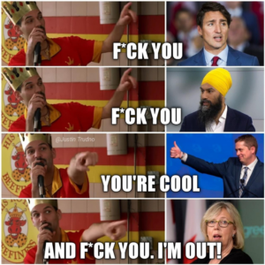 Four-panel meme: on the left side, a young male wearing a paper crown speaking into a microphone, pointing at Justin Trudeau, Jagmeet Singh, Andrew Scheer and Elizabeth May, respectively.