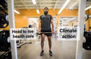 Meme that depicts Jagmeet Singh lifting weights at a gym. The barbells are labelled "Head to toe health care" and "climate action"