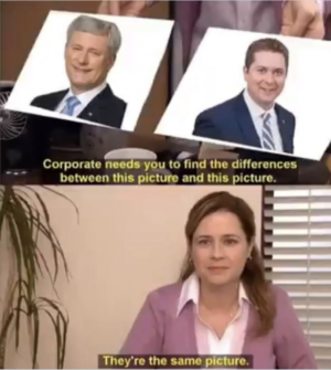 Meme that shows portraits of Stephen Harper and Andrew Scheer beside each other, below them a photo of "The Office" character Pam