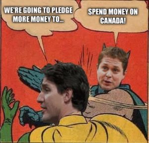 Meme that shows Andrew Scheer slapping Justin Trudeau in the face